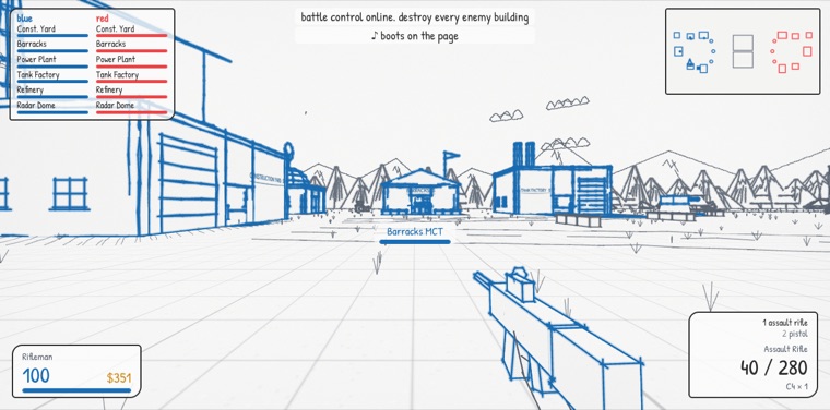 TANKS: Frontline in first person: the blue base drawn in blue marker, a rifle in the foreground, the barracks MCT targeted and the base status and minimap in the corners