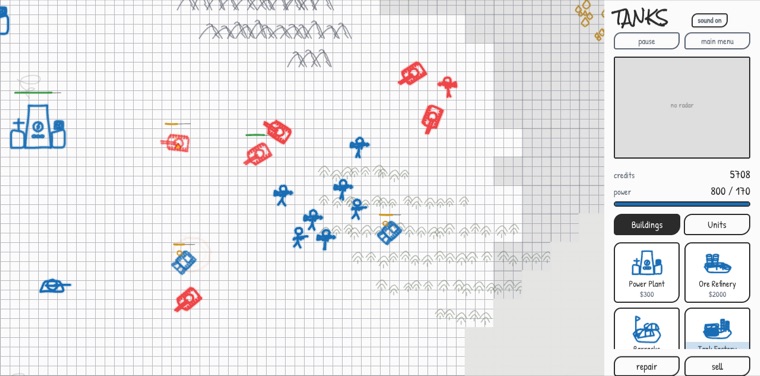 TANKS in play: red tanks pushing into a squad of blue rocket soldiers beside a forest, a blue power plant, and the build sidebar with credits and power